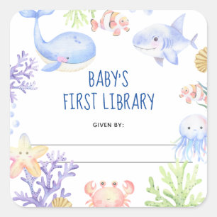 Pegatina Cuadrada Acuarela náutica - Ex libris de baby shower