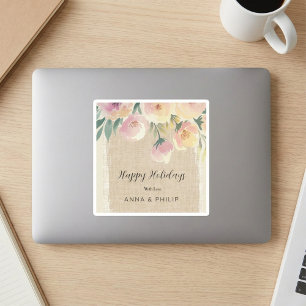 Pegatina Cuadrada Acuarela navidad floral arpillera rústica