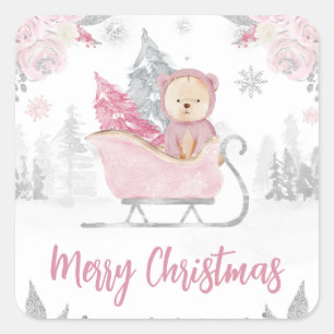Pegatina Cuadrada Acuarela Oso De Navidad Floral Rosa Lindo De Invie