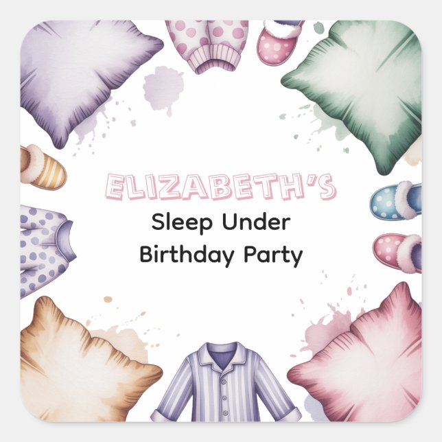 Pegatina Cuadrada Acuarela Pastel Dormir Bajo Fiesta de Cumpleaños d (Anverso)