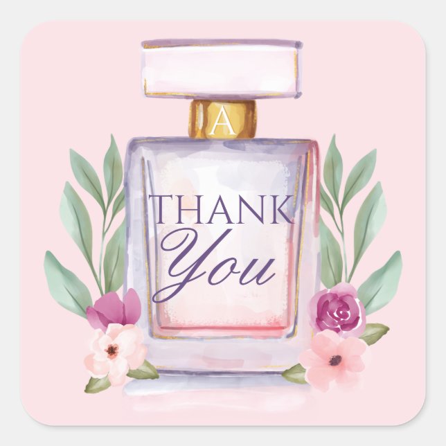 Pegatina Cuadrada Acuarela Perfume Botella Floral Gracias (Anverso)