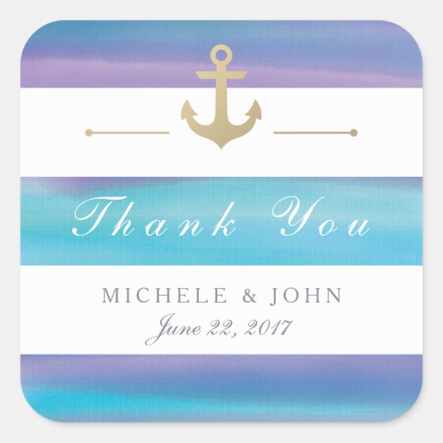 Pegatina Cuadrada Acuarela Rayada Náutica Gracias Pegatinas (Anverso)