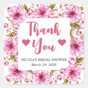 Pegatina Cuadrada Acuarela Rosa Flor de Cerezo Despedida de Soltera