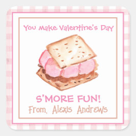 Pegatina Cuadrada Acuarela Rosa Gingham S'mores Valentine