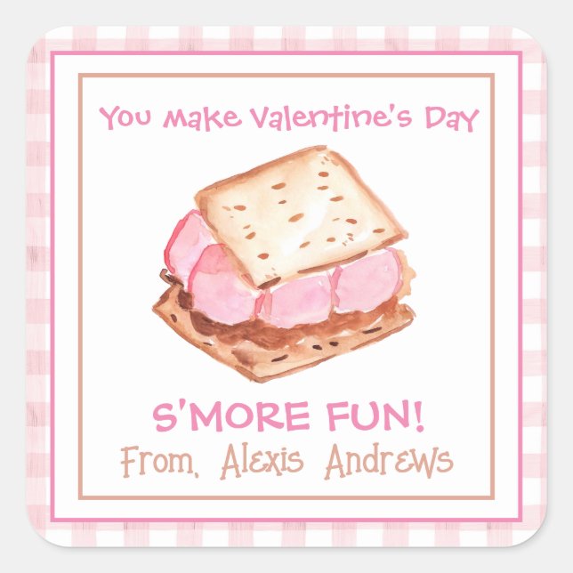 Pegatina Cuadrada Acuarela Rosa Gingham S'mores Valentine (Anverso)