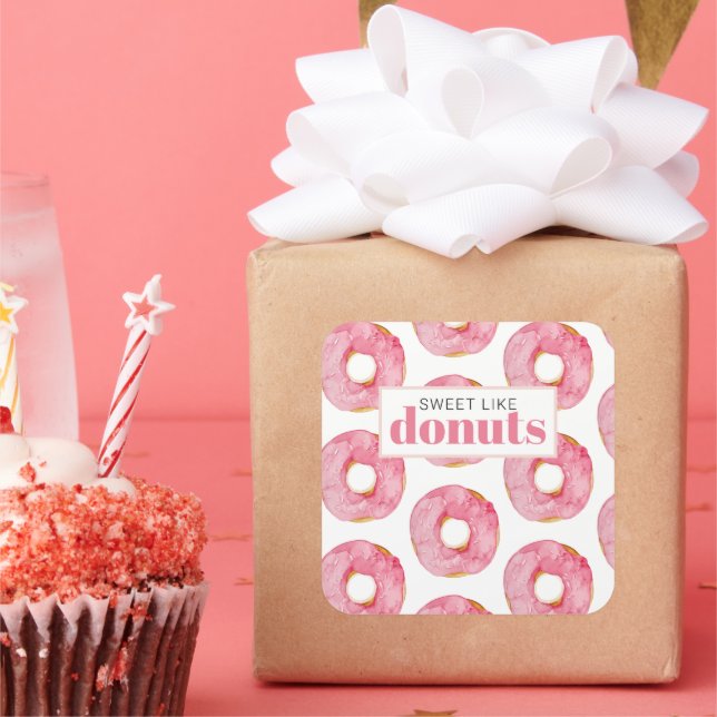 Pegatina Cuadrada Acuarela Rosa Moderna Dulce Como Cita De Donuts (Fiesta)