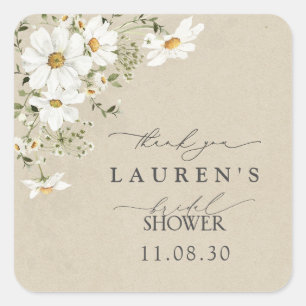 Pegatina Cuadrada Acuarela Rusa Daisy Bridal Shower Gracias