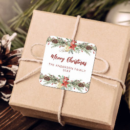 Pegatina Cuadrada Acuarela Rustica Botánica Feliz Navidad