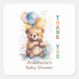Pegatina Cuadrada Acuarela Teddy Bear Baby Shower Gracias