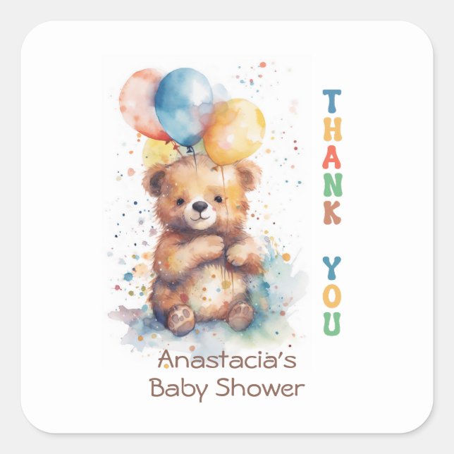 Pegatina Cuadrada Acuarela Teddy Bear Baby Shower Gracias (Anverso)