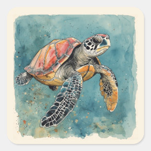 Pegatina Cuadrada Acuarela Tortuga de Mar