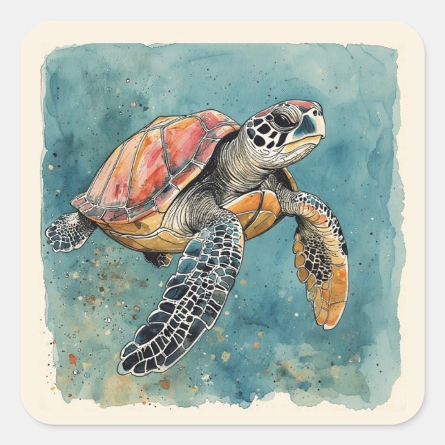 Pegatina Cuadrada Acuarela Tortuga de Mar (Anverso)
