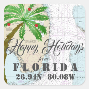 Pegatina Cuadrada Acuarela tropical Felices Fiestas de Florida