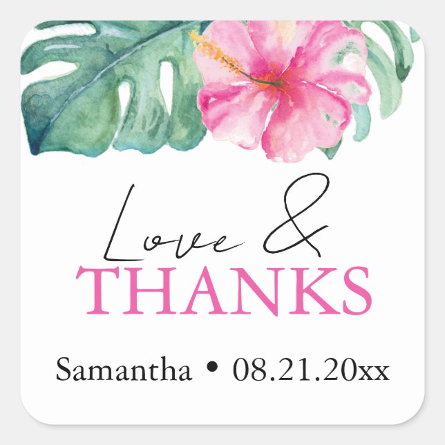 Pegatina Cuadrada Acuarela Tropical Tema Flor Rosa Hibiscus (Anverso)