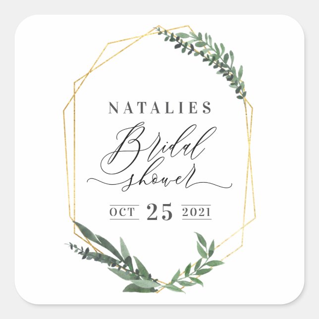 Pegatina Cuadrada acuarela verde floral elegante ducha de novia (Anverso)