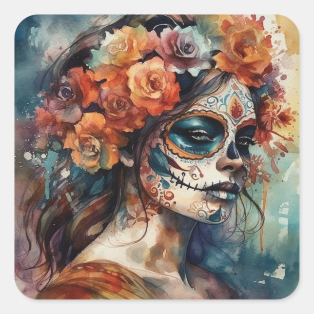 Pegatina Cuadrada Acuarela vibrante Dia de los Muertos Catrina (Anverso)