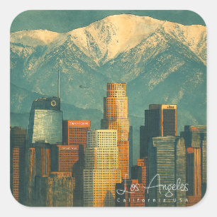 Pegatina Cuadrada Acuarela Vintage de Los Ángeles Retro California
