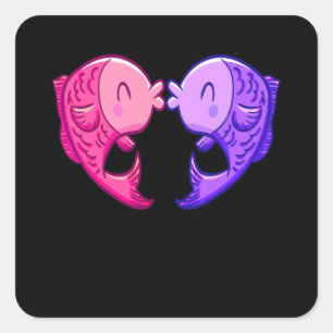 Pegatina Cuadrada Acuario Acuario de Corazón de Besado de Peces