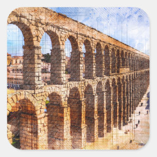 Pegatina Cuadrada Acueducto romano, Segovia. España.