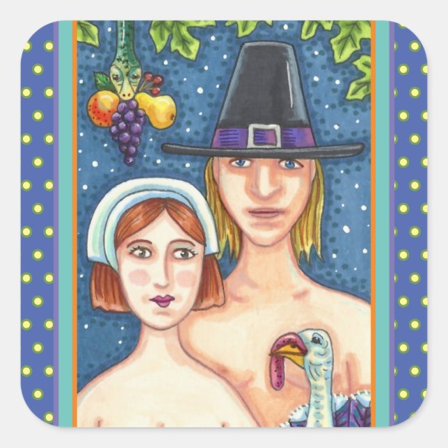 PEGATINA CUADRADA ADAM & EVE PILGRIMS, GRACIAS BIBLIOSAS A LA BIBLIO (Anverso)