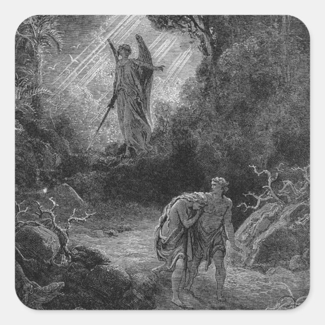 Pegatina Cuadrada Adam Y Eve Salieron Del Edén - Gustave Dore (Anverso)
