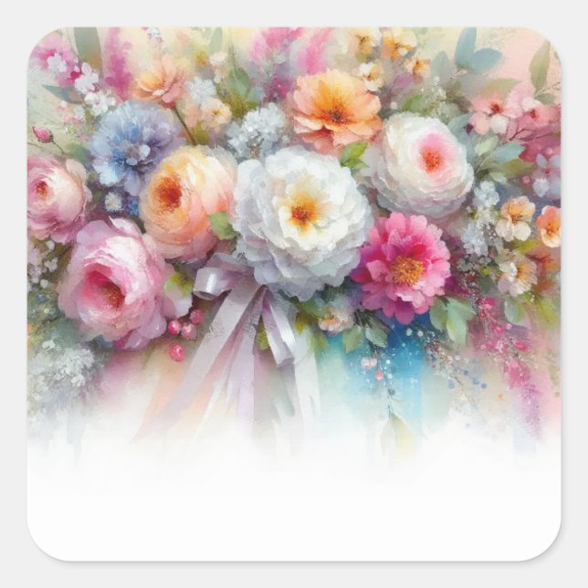 Pegatina Cuadrada Add Your Text Blank Template Watercolor Flowers (Anverso)
