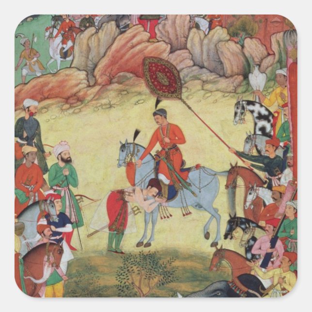Pegatina Cuadrada Adham Khan rindiendo homenaje a Akbar en Sarangpur (Anverso)