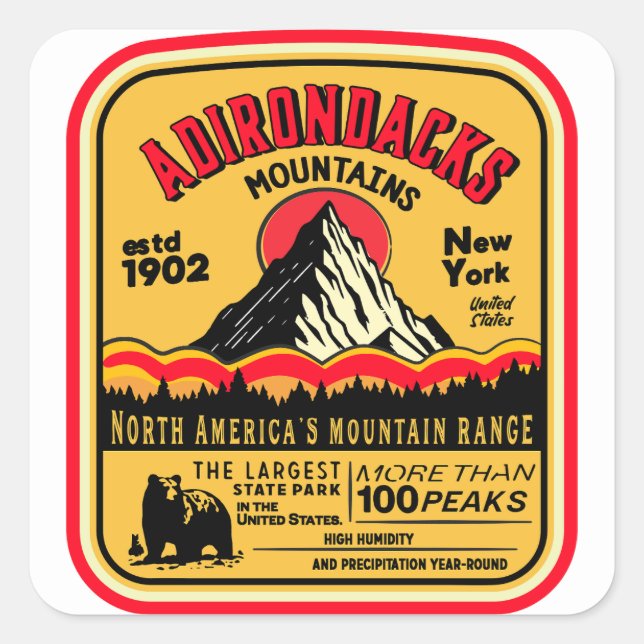 Pegatina Cuadrada Adirondack Mountains (ADK) Aged Look (Anverso)
