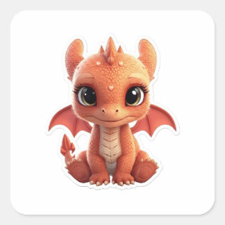 Pegatina Cuadrada Adorable 3D Baby Dragon Fantasy Creature Sticker