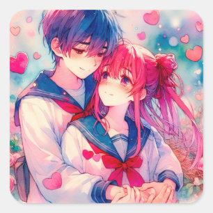 Pegatina Cuadrada Adorable Anime Boy y Chicas Rojos