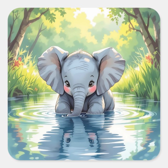 Pegatina Cuadrada Adorable Baby Elephant and Reflection (Anverso)