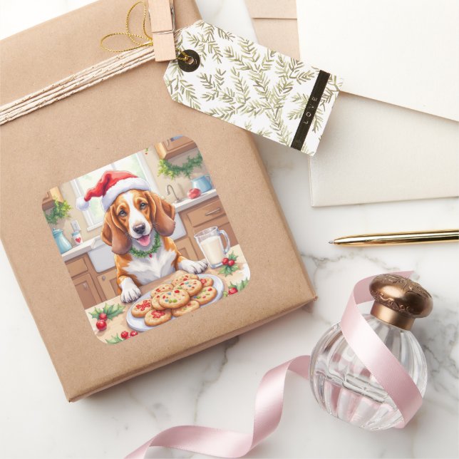 Pegatina Cuadrada Adorable Basset Hound Sneaking Christmas Cookies (Regalar)
