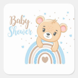 Pegatina Cuadrada Adorable Bear Boho Rainbow Boy Baby Shower