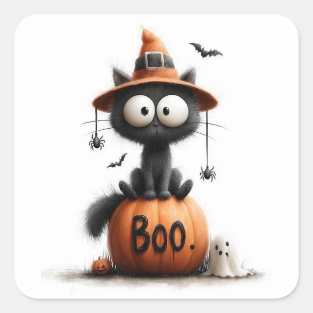 Pegatina Cuadrada Adorable Black Cat Witch on 'Boo' Pumpkin Sticker (Anverso)