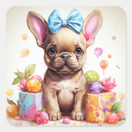 Pegatina Cuadrada Adorable Bulldog francés de Pascua