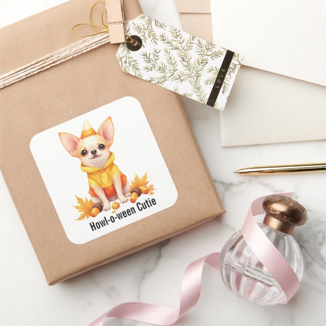 Pegatina Cuadrada Adorable cachorro de Chihuahua con traje de maíz d (Regalar)