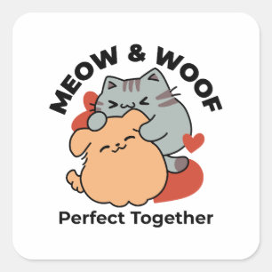 Pegatina Cuadrada Adorable Cat and Dog Hug - Diseño de Meow & Woof