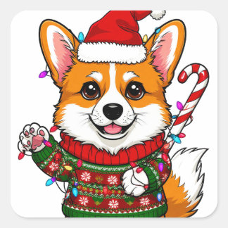 Pegatina Cuadrada Adorable Corgi con bastón de caramelo y luces de N