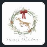 Pegatina Cuadrada Adorable Deer Merry Christmas Wreath Red Bow<br><div class="desc">Adorable pequeño venado Feliz Navidad corona el Pegatina de la Plaza de la Barba Roja.</div>