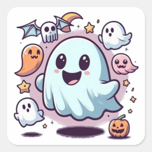 Pegatina Cuadrada Adorable Equipo de Fantasmas de Halloween y Amigos