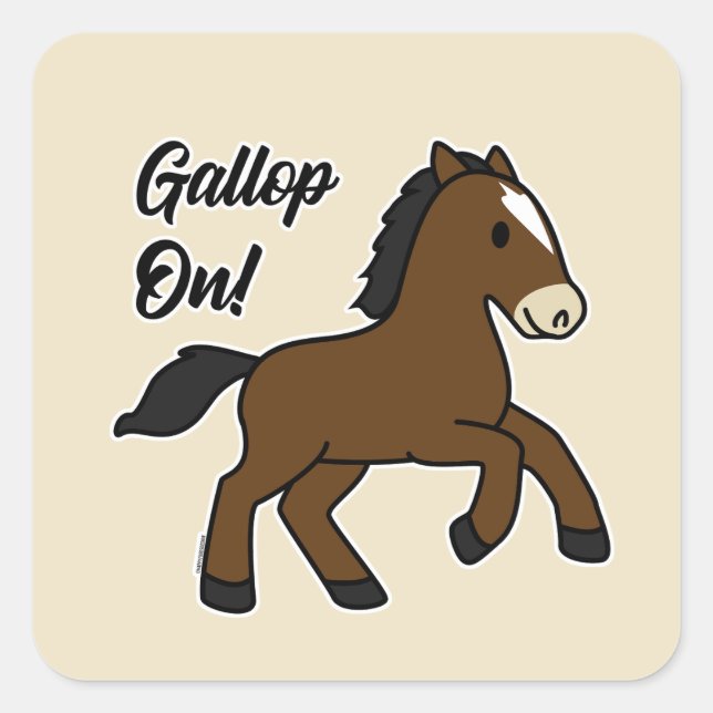 Pegatina Cuadrada Adorable Gallop On! Happy Foal Kawaii Horse Design (Anverso)