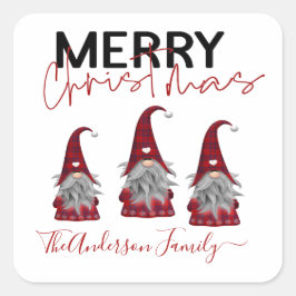 Pegatina Cuadrada Adorable Gnomos Navideños Rústicos con Apellido de