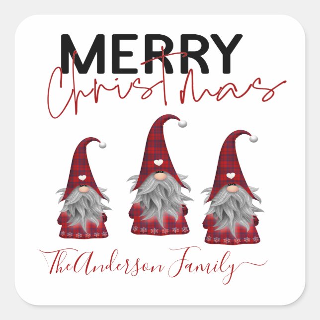 Pegatina Cuadrada Adorable Gnomos Navideños Rústicos con Apellido de (Anverso)