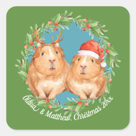 Pegatina Cuadrada Adorable Guinea Pareja de Cerdo Navidades