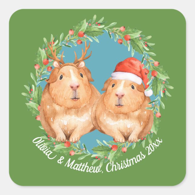 Pegatina Cuadrada Adorable Guinea Pareja de Cerdo Navidades (Anverso)