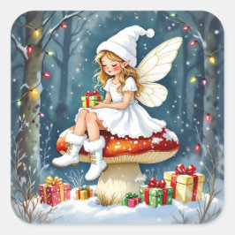 Pegatina Cuadrada Adorable Hada de Navidad en Setas