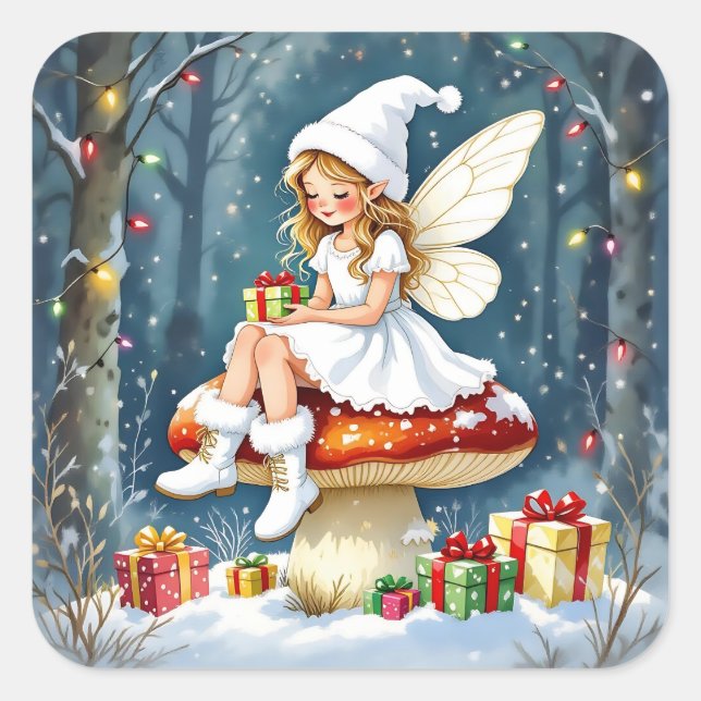 Pegatina Cuadrada Adorable Hada de Navidad en Setas (Anverso)