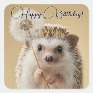 Pegatina Cuadrada Adorable Hedgehog sosteniendo un Dandelion