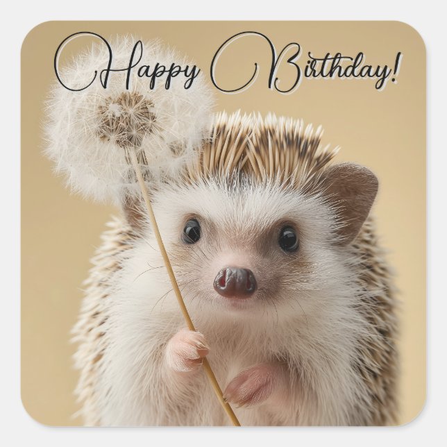 Pegatina Cuadrada Adorable Hedgehog sosteniendo un Dandelion (Anverso)