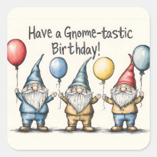 Pegatina Cuadrada Adorable Ilustracion de cumpleaños Gnome con globo